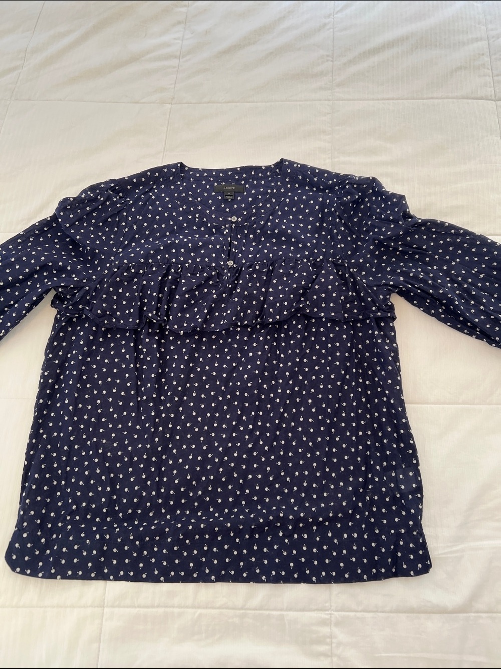 J. Crew Navy Blue Ruffle Front Blouse with White Cherry Print- slightly sheer